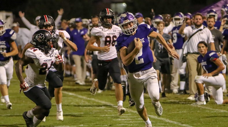 Chandler Byron (2) of Monroe Area ran for 2,795 yards last season, eighth-most in state history and best ever for a quarterback. (Photo by Brett Fowler/Walton Tribune)