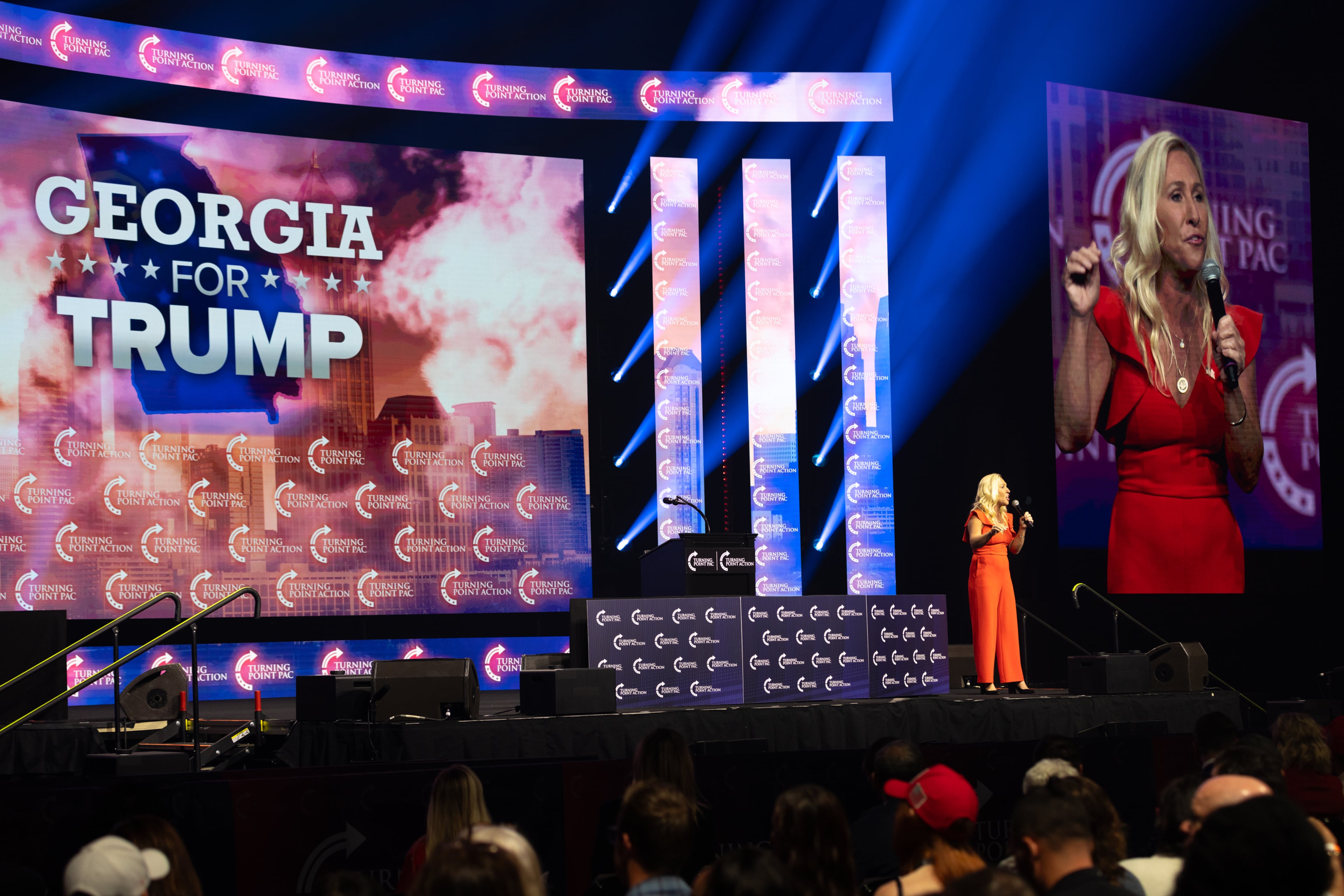 U.S. Rep. Marjorie Taylor Greene, R-Rome, speaks during Republican presidential candidate Donald Trump’s rally at Gas South Arena in Duluth on Wednesday, October 23, 2024. (Arvin Temkar / AJC)