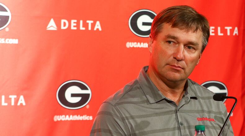 Georgia head coach Kirby Smart speaks to members of the press Monday, Sept. 17, 2018, at Butts-Mehre Heritage Hall in Athens.