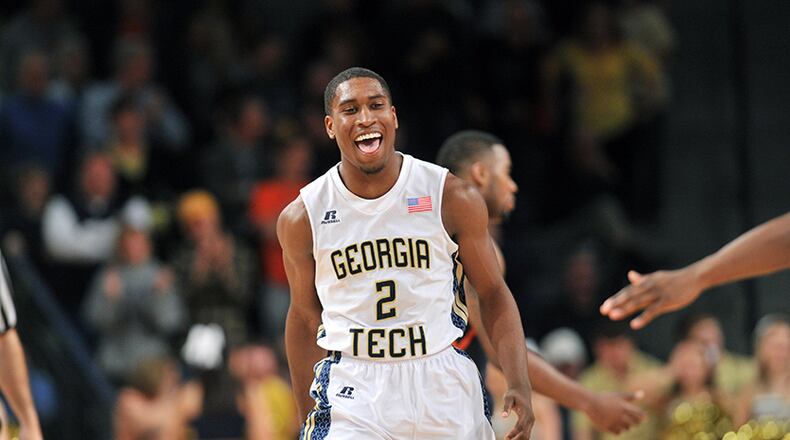 December 3, 2013 Atlanta - Georgia Tech Yellow Jackets guard Solomon Poole (2) celebrates after they defeated the Illinois Fighting Illini during the Big Ten/ACC Challenge game at McCamish Pavilion on Tuesday, December 3, 2013. Georgia Tech Yellow Jackets won 67 - 64 over the Illinois Fighting Illini. HYOSUB SHIN / HSHIN@AJC.COM Solomon Poole played 21 games for the Yellow Jackets, averaging 9 minutes and 1.8 points per game. (Hyosub Shin / AJC)