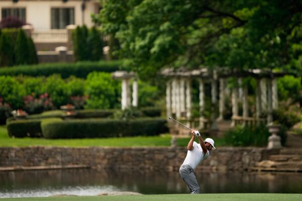 Max Homa hits from the fairway on the seventh hole during the second round of the PGA Championship golf tournament at the Quail Hollow Club, Friday, May 16, 2025, in Charlotte, N.C. (AP Photo/Matt York)