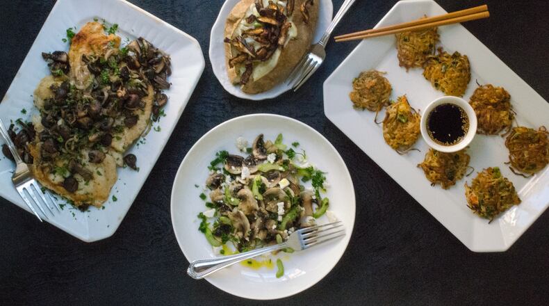 Mushrooms can be the centerpiece in salads, appetizers and entrees. Pictured (clockwise from left) are Chicken Paillard with Sauteed Mushrooms, Loaded Baked Potato with Shiitake "Bacon," Enoki Mushroom Fritters, and Mushroom and Celery Salad. (Virginia Willis for The Atlanta Journal-Constitution)