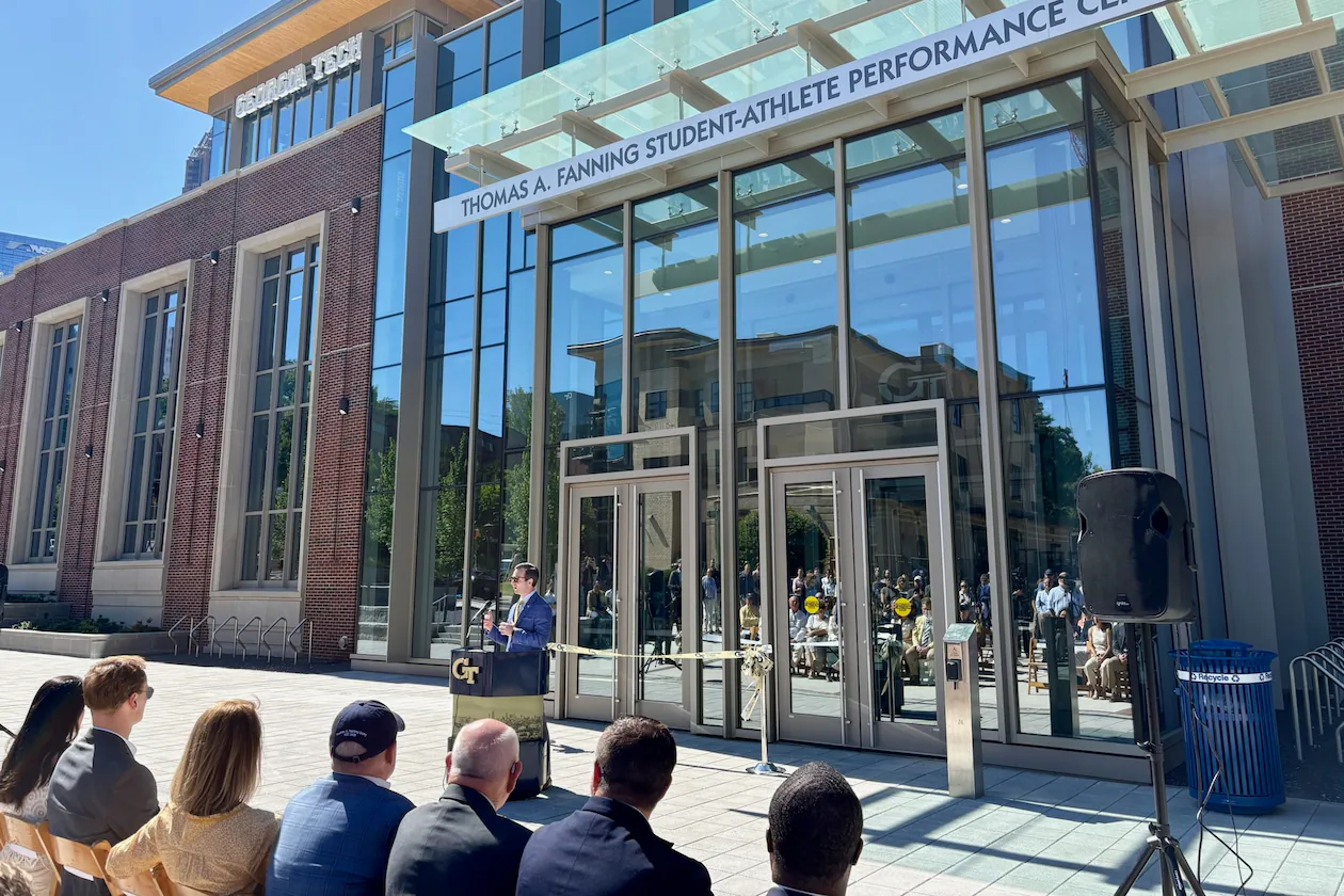 Georgia Tech athletic director Ryan Alpert addresses guests at the opening of the Thomas A. Fanning Student-Athlete Performance Center. The building exceeds 100,000 square feet and came at a cost of $90 million. (Ken Sugiura/AJC)