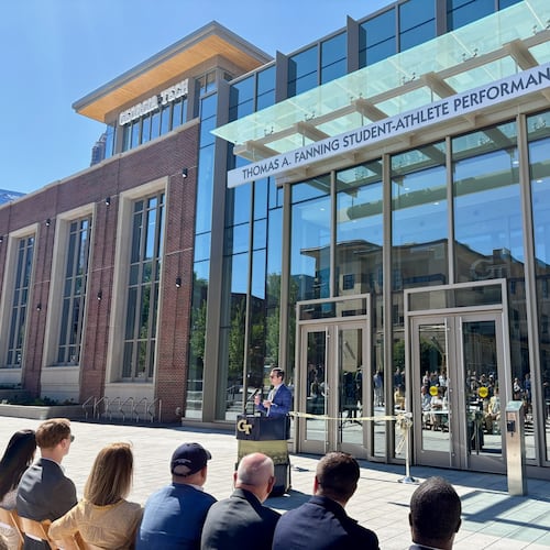 Georgia Tech athletic director Ryan Alpert addresses guests at the opening of the Thomas A. Fanning Student-Athlete Performance Center. The building exceeds 100,000 square feet and came at a cost of $90 million. (Ken Sugiura/AJC)