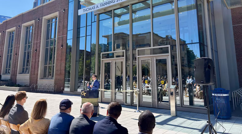 Georgia Tech athletic director Ryan Alpert addresses guests at the opening of the Thomas A. Fanning Student-Athlete Performance Center. The building exceeds 100,000 square feet and came at a cost of $90 million. (Ken Sugiura/AJC)