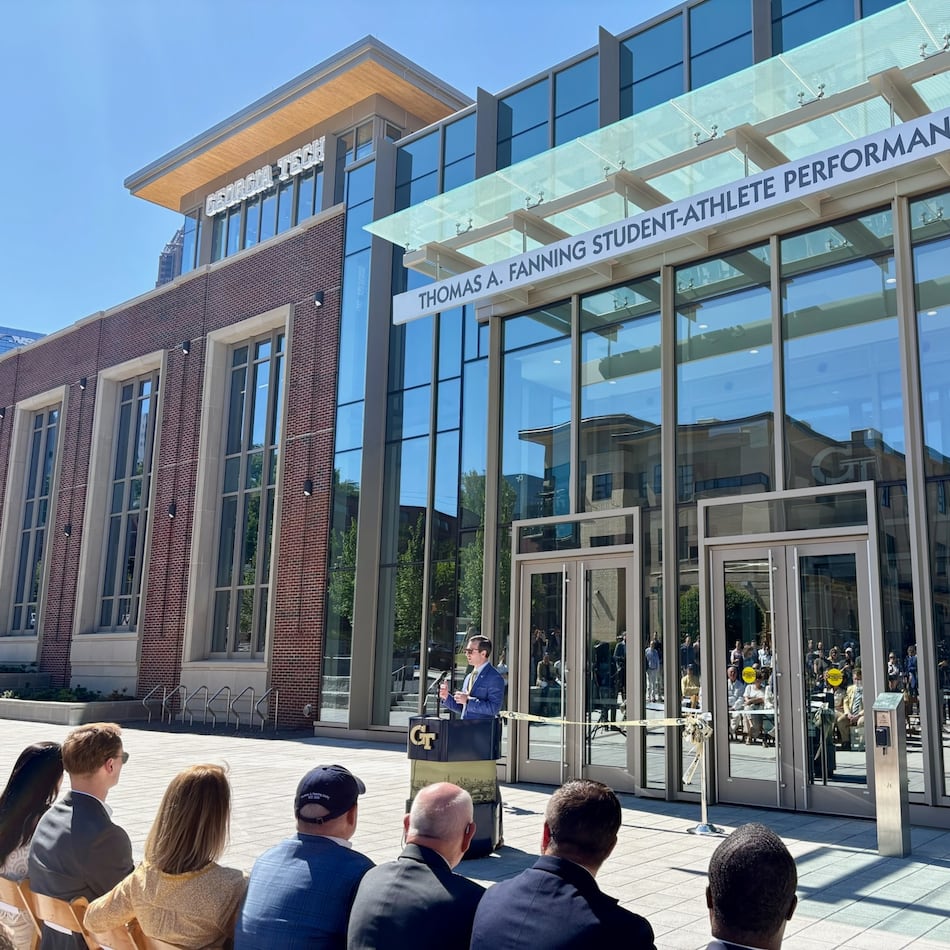 Georgia Tech athletic director Ryan Alpert addresses guests at the opening of the Thomas A. Fanning Student-Athlete Performance Center. The building exceeds 100,000 square feet and came at a cost of $90 million. (Ken Sugiura/AJC)