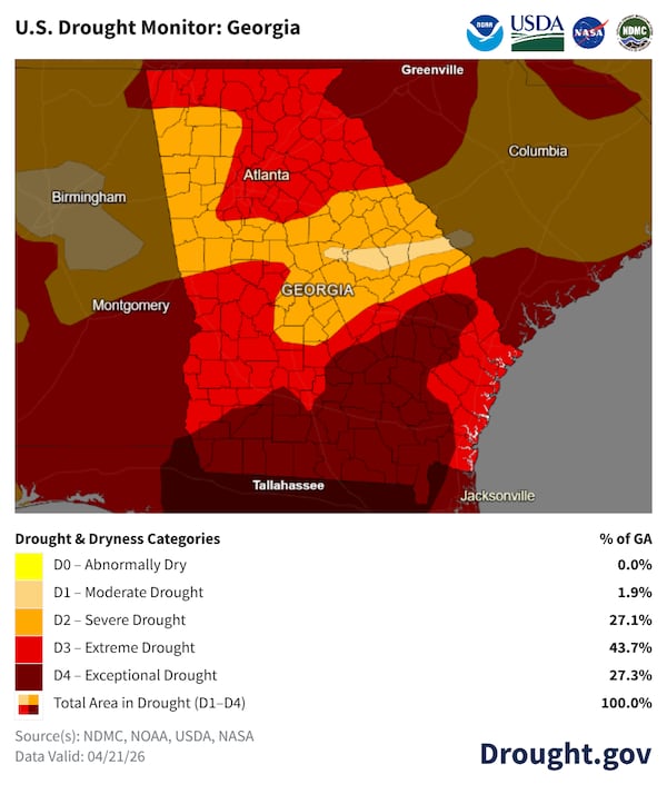 A map of the U.S. as of April 21 shows exceptional drought across the Georgia-Florida border area and extreme drought in many other areas. (Courtesy)