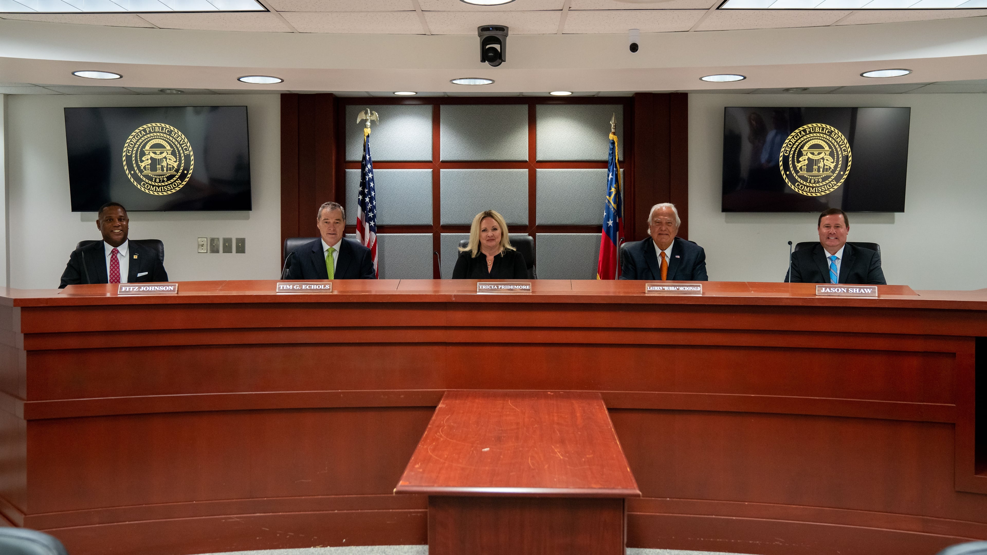 The Georgia Public Service Commission is pictured in its hearing room. From left: Commissioners Fitz Johnson, Tim Echols, Tricia Pridemore, Lauren “Bubba” McDonald and Jason Shaw. (handout)