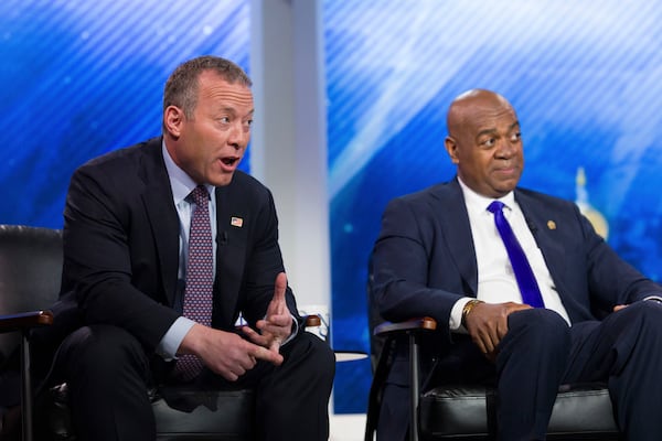 New Jersey Rep. Josh Gottheimer, left, and Newark Mayor Ras Baraka discuss issues at the New Jersey Democratic gubernatorial primary debate at NJ PBS Studios, Monday, May 12, 2025, in Newark, N.J. (Steve Hockstein/NJ Advance Media via AP, Pool)