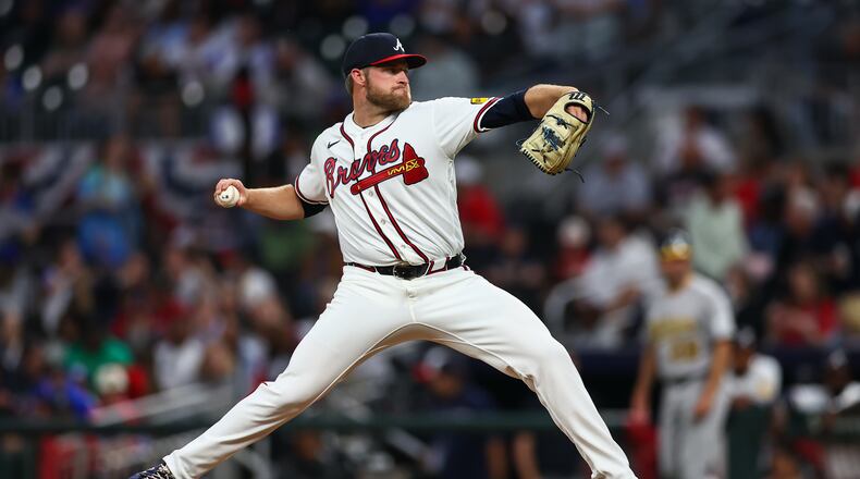 Atlanta Braves pitcher Bryce Elder delivers in the third inning of a baseball game against the Athletics, Monday, March 30, 2026, in Atlanta. (Colin Hubbard/AP)