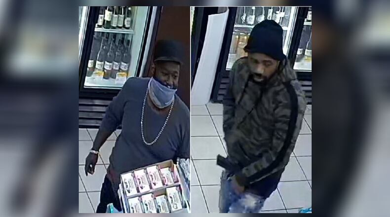 Atlanta police are asking for the public's help to identify two suspects, shown in these surveillance images, in a deadly shooting at a Chevron gas station on Flat Shoals Road.