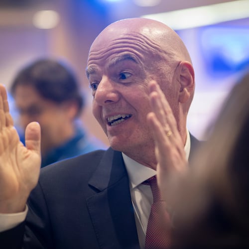 FIFA president Gianni Infantino during the Annual Meeting of the World Economic Forum in Davos, Switzerland, Thursday, Jan. 22, 2026. (Gian Ehrenzeller/Keystone via AP)