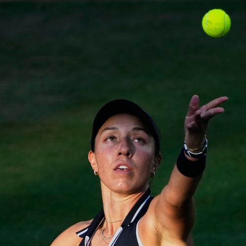 Jessica Pegula of the U.S tosses the ball in the air to serve as she plays against Czech Republic's Linda Noskova during the final match at the WTA 500 Berlin Open tennis tournament at the Steffi Graf Stadium in Berlin, Sunday, June 21, 2026. (AP Photo/Ebrahim Noroozi)