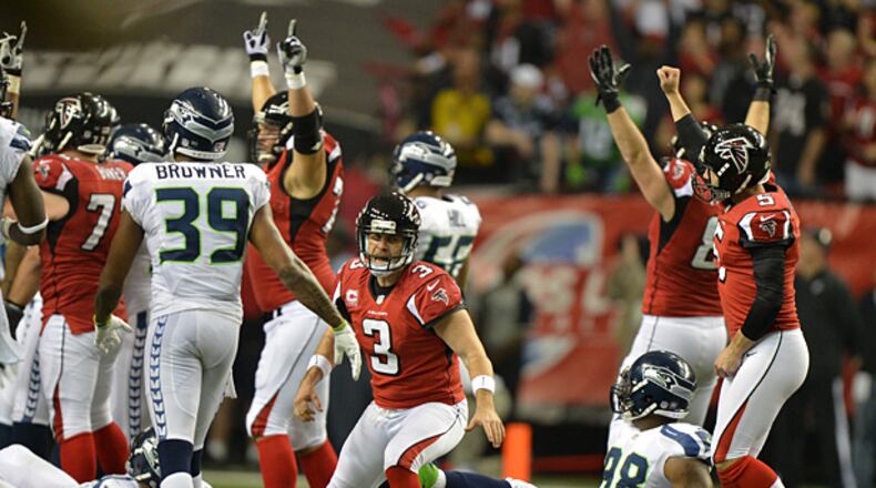 January 13, 2013 Atlanta: Atlanta Falcons kicker Matt Bryant celebrates his game winning field goal with 6 seconds remaining in the game against the Seattle Seahawks Sunday January 13, 2012 at the Georgia Dome.
