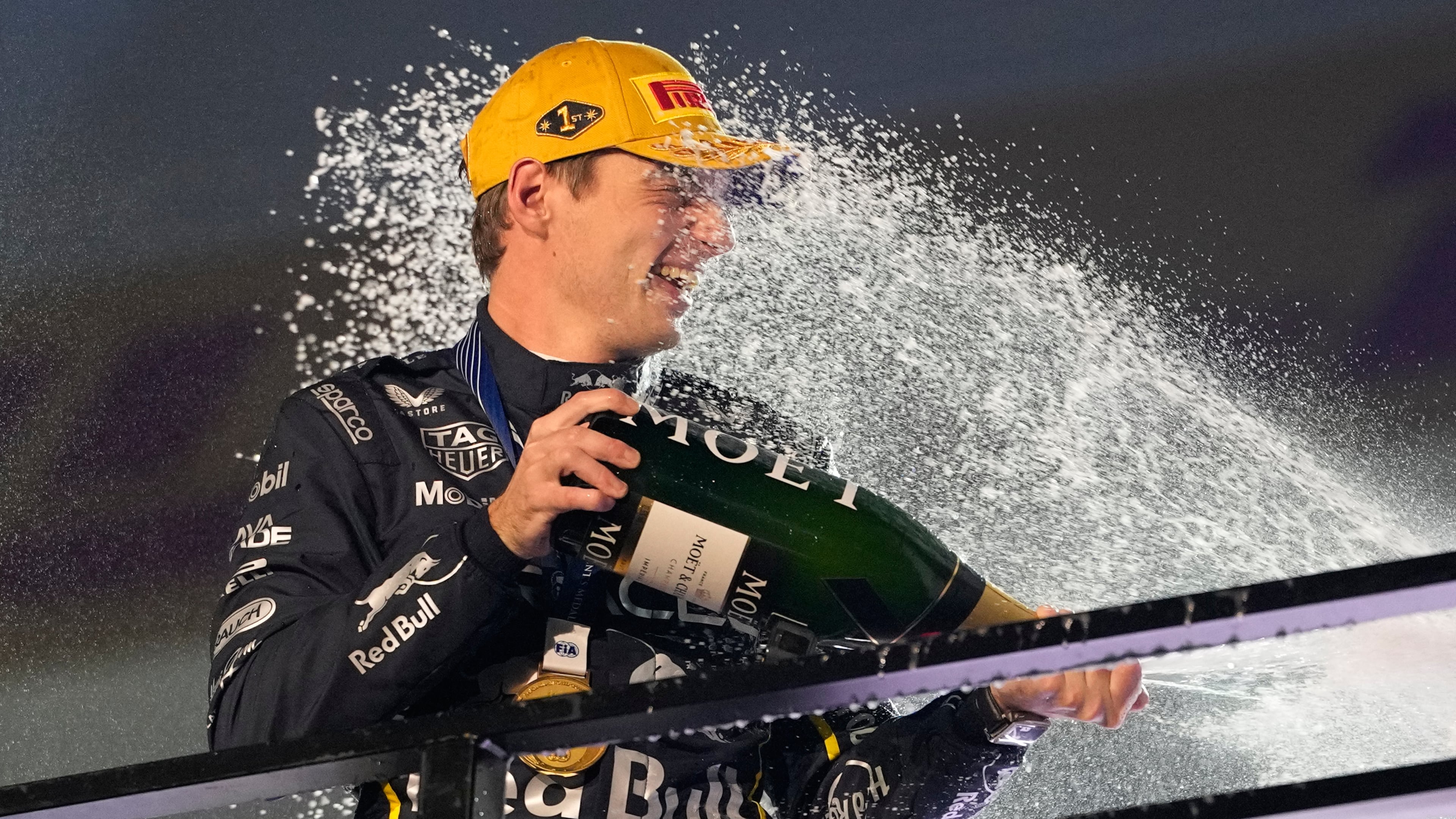 First place finisher Red Bull driver Max Verstappen of the Netherlands celebrates after the Formula One Las Vegas Grand Prix auto race, Saturday, Nov. 22, 2025 in Las Vegas. (AP Photo/John Locher)