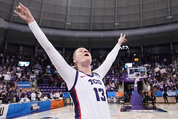 FILE - TCU's Sedona Prince celebrates after her team's win over Louisville in the second round of the NCAA college basketball tournament in Fort Worth, Texas, Sunday, March 23, 2025. (AP Photo/Tony Gutierrez, File)