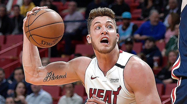 The Miami Heat said Meyers Leonard will be away from the team indefinitely, sharply criticizing his use of an anti-Semitic slur while playing a video game that was being livestreamed. (Michael Laughlin/South Florida Sun Sentinel/TNS)