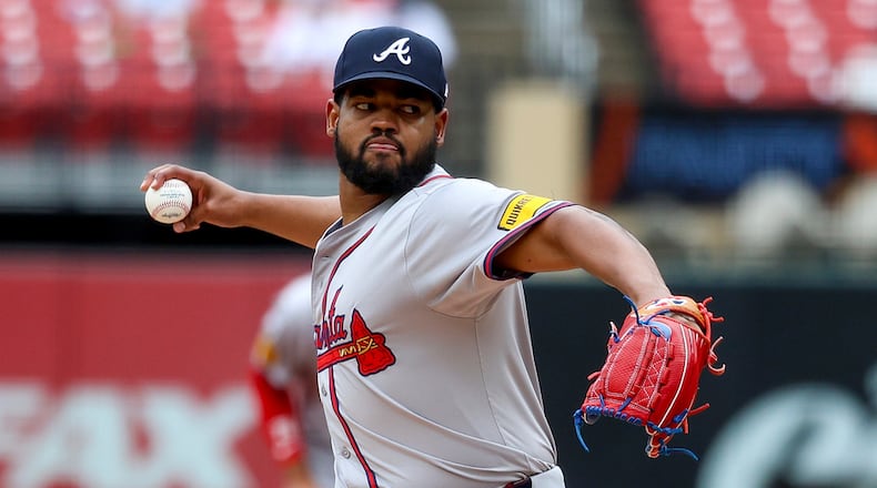 Atlanta Braves starting pitcher Reynaldo Lopez throws during the second inning in the first game of a baseball doubleheader against the St. Louis Cardinals, Wednesday, June 26, 2024, in St. Louis. (AP Photo/Scott Kane)