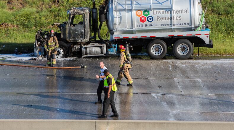 College Park firefighters put out a fire on a small tanker truck in the southbound lanes of I-85 near Camp Creek Parkway.