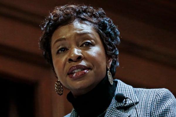 FILE - Rep. Yvette Clarke, D-N.Y. speaks during a Community Town Hall on Feb. 22, 2017, in the Brooklyn borough of New York. (AP Photo/Frank Franklin II, File)