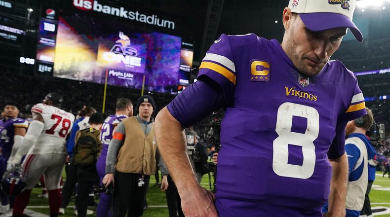 Minnesota Vikings quarterback Kirk Cousins (8) walks off the field at the end of an NFL Wild Card playoff game between the Minnesota Vikings and the New York Giants on Sunday, Jan. 15, 2023 at U.S. Bank Stadium in Minneapolis, Minnesota. (Anthony Souffle/Minneapolis Star Tribune/TNS)