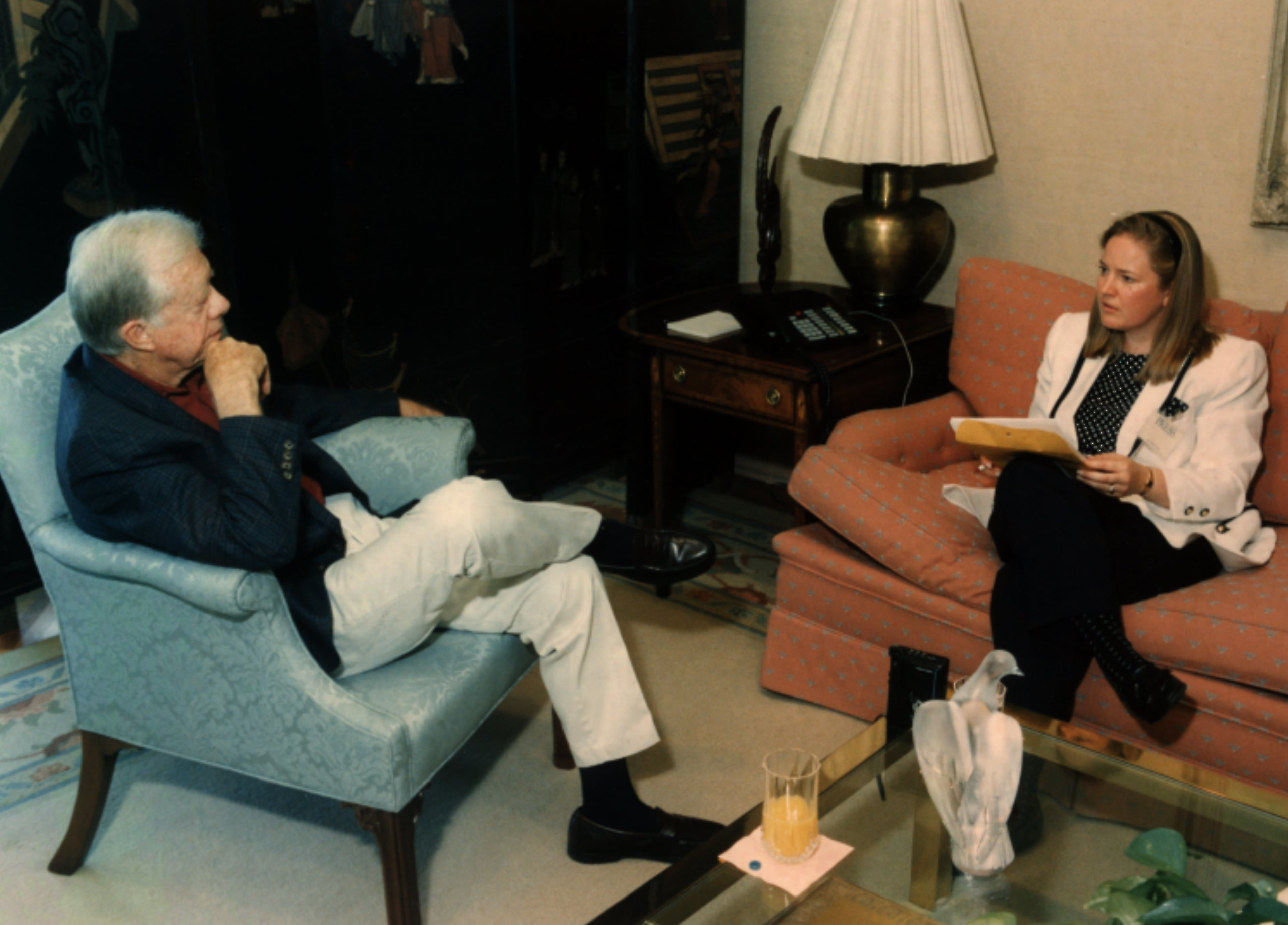 AJC reporter Elizabeth Kurylo interviews former President Jimmy Carter at the Carter Center during the mid-1990s. (AJC file)