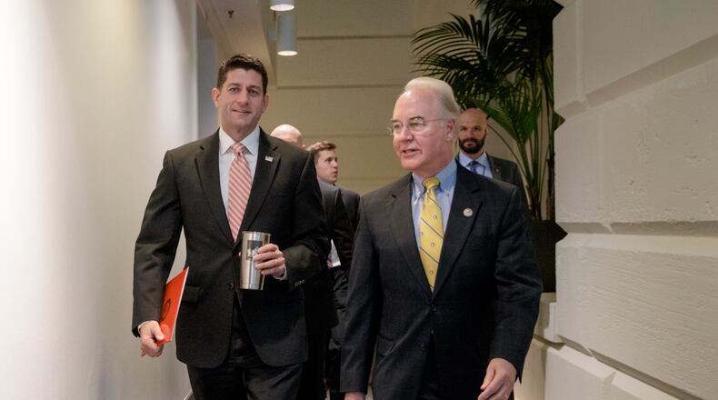 In this Jan. 31, 2017 file photo, House Speaker Paul Ryan of Wis. arrives with then-Health and Human Services Secretary-designate, Rep. Tom Price, R-Ga. on Capitol Hill in Washington, for a closed-door GOP strategy session. (AP Photo/J. Scott Applewhite)