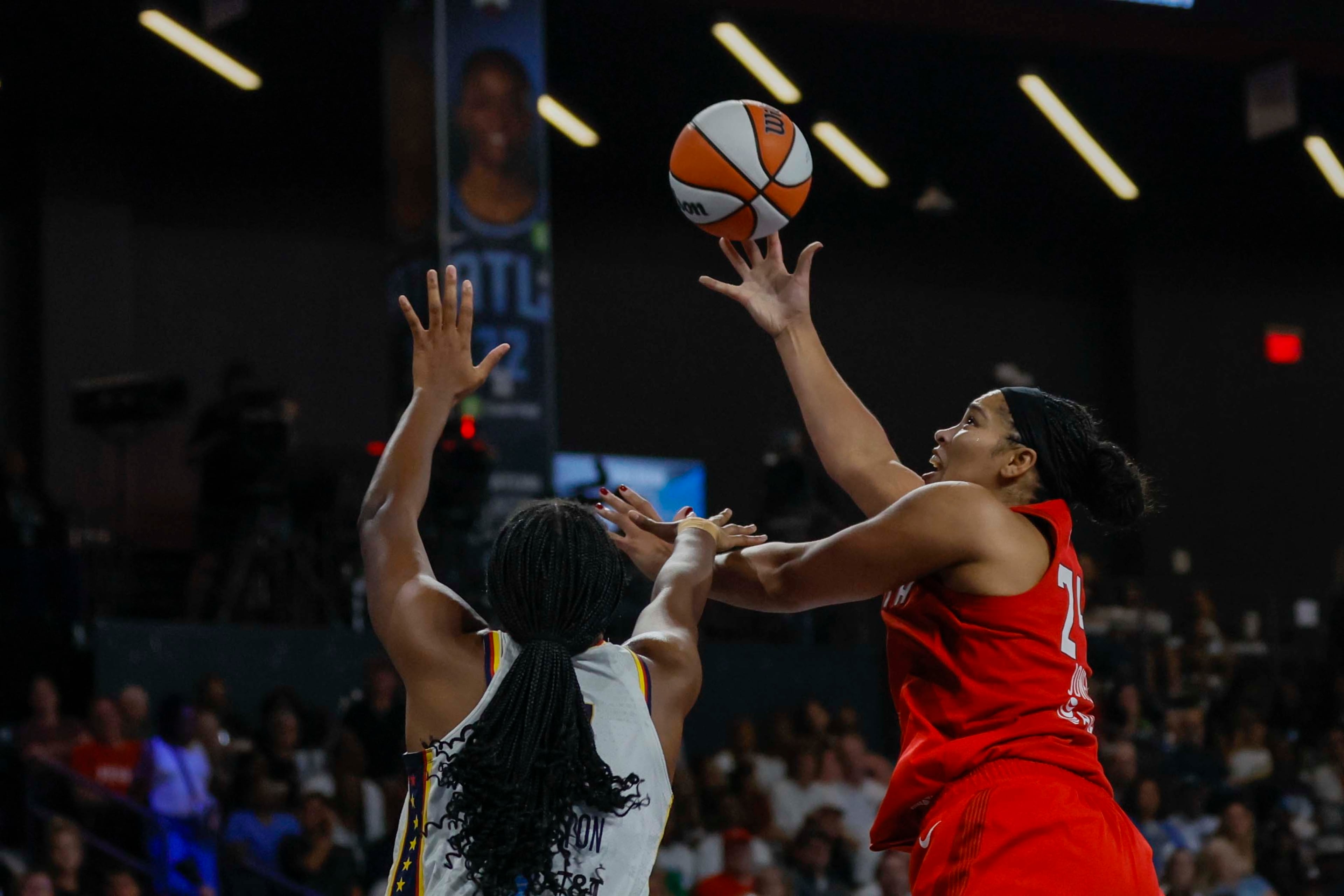 Atlanta Dream forward Brionna Jones (24) goes up for a basket during the first half of a WNBA basketball first-round playoff game against the Indiana Fever at Gateway Center Arena on Thursday, Sept. 18, 2024, in Atlanta. (Miguel Martinez/ AJC)