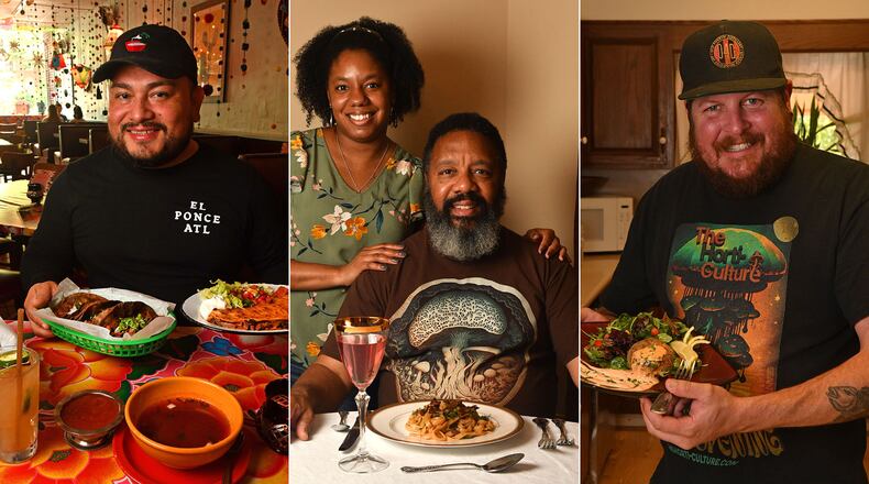 You can enjoy specialty mushrooms with recipes by Roberto Montalvo (left), general manager of El Ponce restaurant; Rena Williams (center), daughter of Shannon Williams of Noble Fungi Farm; and Bill Corcoran of the Horti-Culture. (Photos by Chris Hunt for The Atlanta Journal-Constitution)