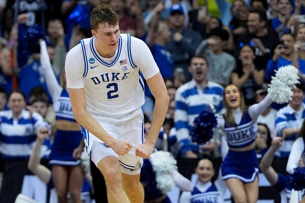 Duke forward Cooper Flagg (2) reacts during the second half of an Elite Eight round NCAA college basketball tournament game against Alabama, Saturday, March 29, 2025, in Newark, N.J. (AP Photo/Julia Demaree Nikhinson)