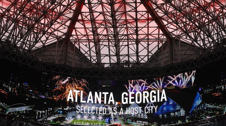 061622 Atlanta: The Mercedes-Benz Stadium 360-degree HD video screen helps announce Atlanta has been selected as a host city for the 2026 World Cup at Mercedes-Benz Stadium on Thursday, June 16, 2022, in Atlanta.     “Curtis Compton / Curtis.Compton@ajc.com”