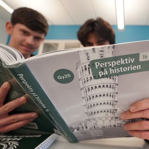 High school students from left, Vasilije Stjepanovic, Aslan Ozhan Kilicasan and Melina Sallahi pose with a history text book at Malmo Borgarskola high school in Malmo, Sweden, May 21, 2026. (AP Photo/James Brooks)