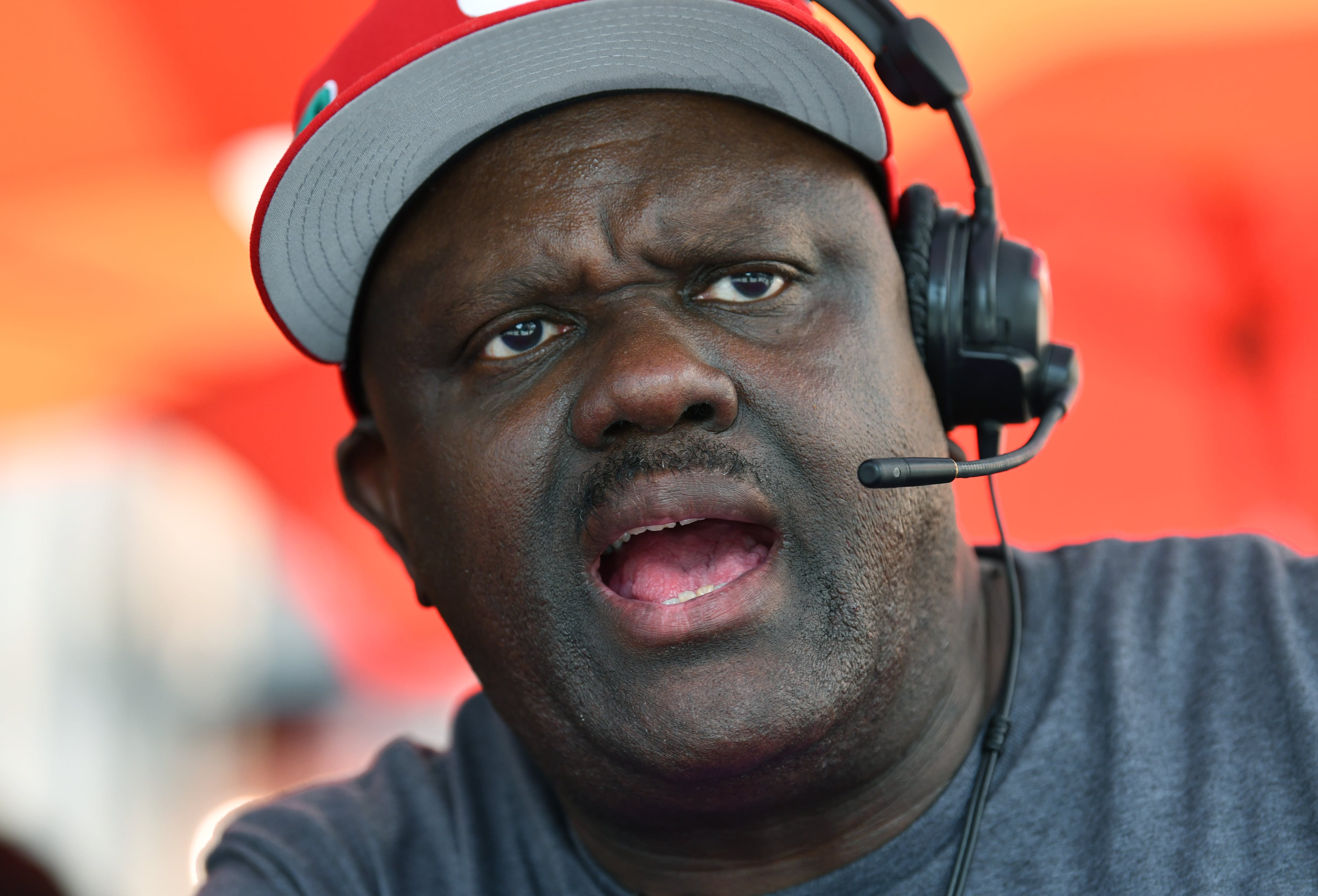 Greg Street, hip-hop DJ and radio personality, is at a V-103 tent before an Atlanta Falcons pep rally at Atlantic Station, Friday, Sept. 5, 2025 in Atlanta. Sunday profile for Arts & Living about Greg Street, DJ at V-103 for 30 years. (Hyosub Shin / AJC)