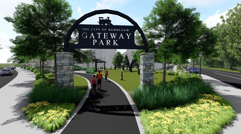 An artist’s rendering of Kennesaw’s Gateway Park shows a portion of the many amenities planned for the 12.5-acre Depot Park at an estimated total cost of $8.8 million for completion by 2022. Courtesy of tsw-design.com