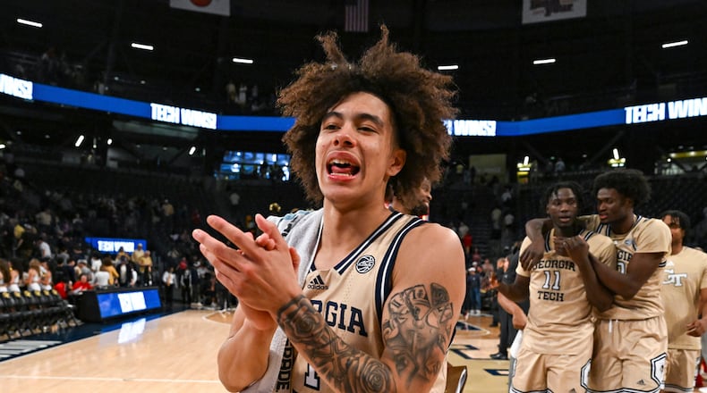 Georgia Tech guard Naithan George (1) reacts following the conclusion of the college basketball game between the North Carolina State Wolfpack and the Georgia Tech Yellow Jackets on March1st, 2025 at Hank McCamish Pavilion in Atlanta, GA. (Photo by Rich von Biberstein/Icon Sportswire) (Icon Sportswire via AP Images)
