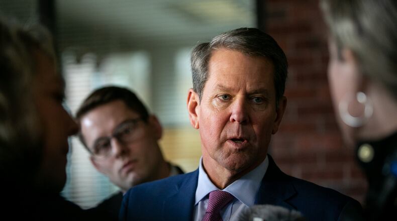 Gov. Brian Kemp of Georgia speaks to the media following a tour of McEachern High School in Powder Springs, Georgia, on Thursday, February 13, 2020. (Photo/Rebecca Wright for the AJC)