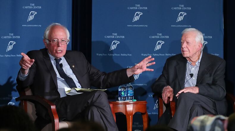 Sen. Bernie Sanders and former President Jimmy Carter discuss human rights during the Human Rights Defenders Forum at the Carter Center on Monday, May 8, 2017, in Atlanta.  Curtis Compton/ccompton@ajc.com