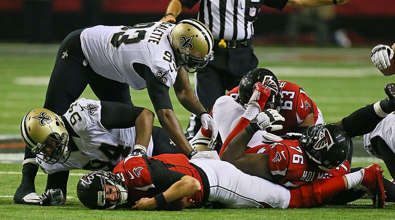 Falcons quarterback Matt Ryan was sacked a season-high five times in 17-13 loss to New Orleans Thursday at the Georgia Dome in Atlanta.