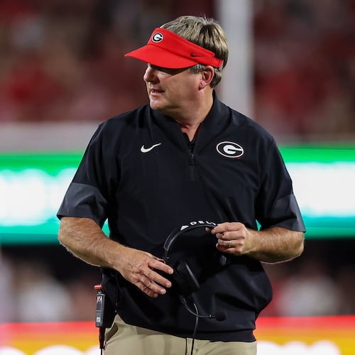 Georgia head coach Kirby Smart reacts during the first half of an NCAA college football game against Alabama, Saturday, Sept. 27, 2025, in Athens, Ga. (AP Photo/Colin Hubbard)