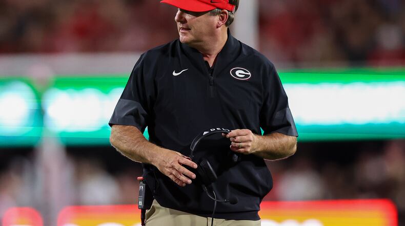 Georgia head coach Kirby Smart reacts during the first half of an NCAA college football game against Alabama, Saturday, Sept. 27, 2025, in Athens, Ga. (AP Photo/Colin Hubbard)