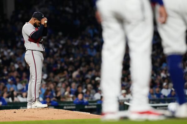 Braves starting pitcher Reynaldo López adjusts his cap during a game against the Cubs on Monday, Sept. 14, 2026, in Chicago. The Braves lost two of three to the Cubs this week. (Nam Y. Huh/AP)
