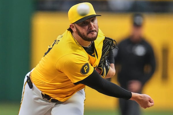 Pittsburgh Pirates pitcher Paul Skenes delivers during the first inning of a baseball game against the Milwaukee Brewers in Pittsburgh, Friday, May 23, 2025. (AP Photo/Gene J. Puskar)