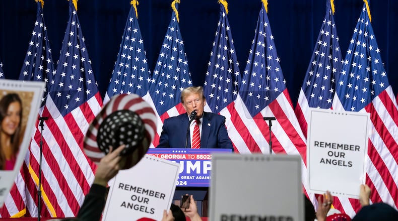 Former President Donald J. Trump speaks at a campaign rally in Rome, Ga., on March 9, 2024. Early in his remarks at what was effectively his first campaign rally of the general election, former President Donald J. Trump on Saturday blasted President Biden’s State of the Union address as an “angry, dark, hate-filled rant” that was more divisive than unifying. (Nicole Craine/The New York Times)