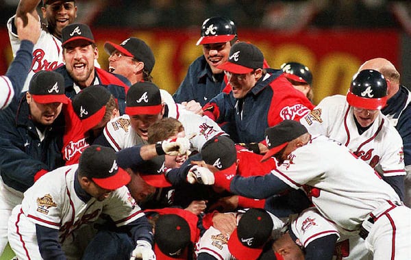 A 1995 World Series dogpile. 