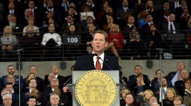 Gov. Brian Kemp speaks after being sworn in on the campus of Georgia Tech on Monday. HYOSUB SHIN / HSHIN@AJC.COM