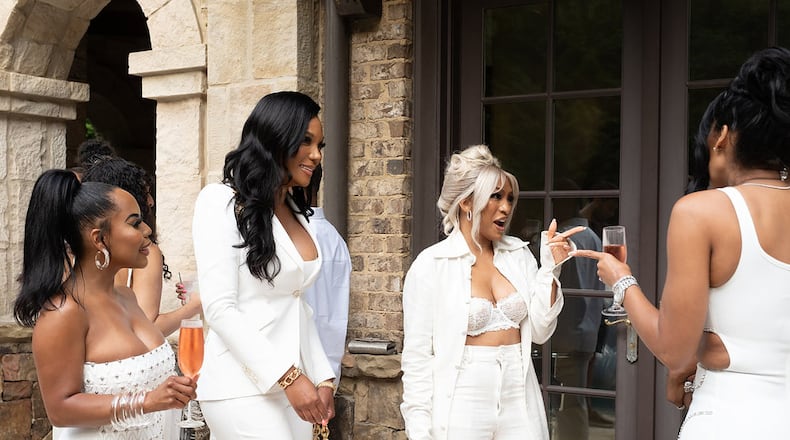 Season 16 of "The Real Housewives of Atlanta," featuring Kelli Ferrell (from left), Angela Oakley, Drew Sidora and Brit Eady, debuts Sunday, March 9, 2025. (Wilford Harewood/Bravo)