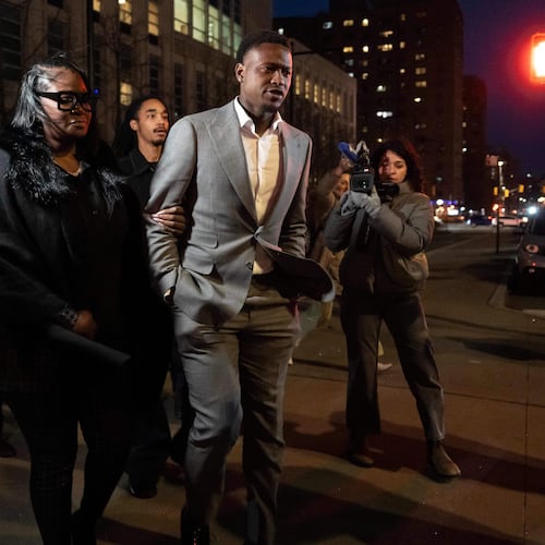 Miami Heat's Terry Rozier, right, leaves Brooklyn federal court, Monday, Dec. 8, 2025, in New York. (AP Photo/Yuki Iwamura)