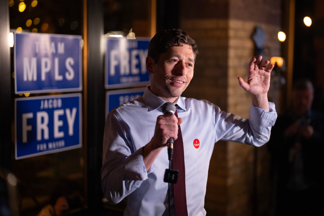 Minneapolis mayor Jacob Frey thanks supporters at their election night watch party at Jefe Urban Cocina in Minneapolis, Tuesday night, Nov. 4, 2025. (Jeff Wheeler/Star Tribune via AP)