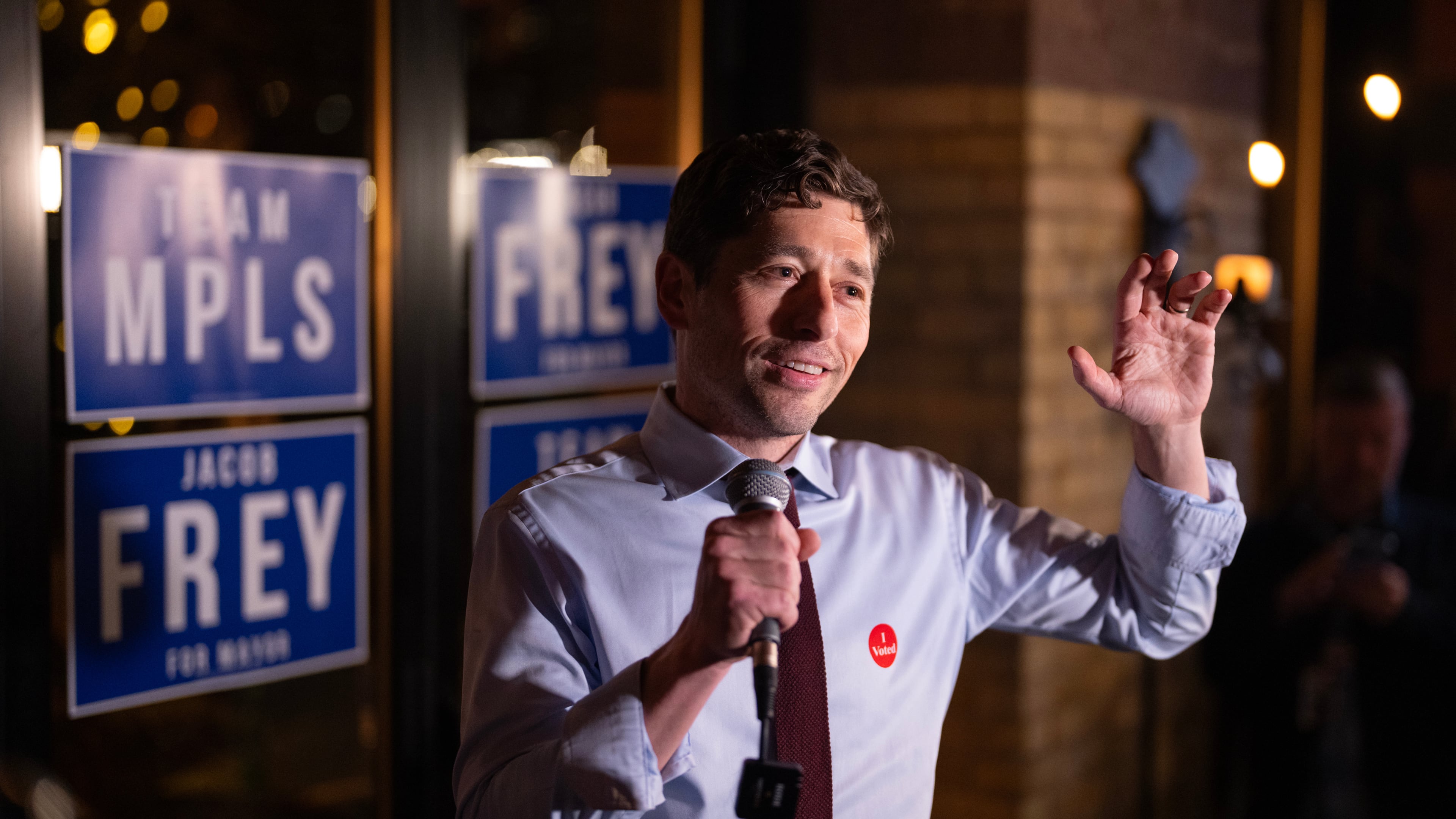 Minneapolis mayor Jacob Frey thanks supporters at their election night watch party at Jefe Urban Cocina in Minneapolis, Tuesday night, Nov. 4, 2025. (Jeff Wheeler/Star Tribune via AP)