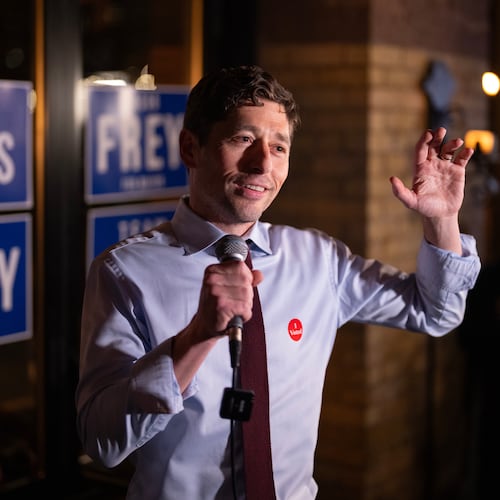 Minneapolis mayor Jacob Frey thanks supporters at their election night watch party at Jefe Urban Cocina in Minneapolis, Tuesday night, Nov. 4, 2025. (Jeff Wheeler/Star Tribune via AP)